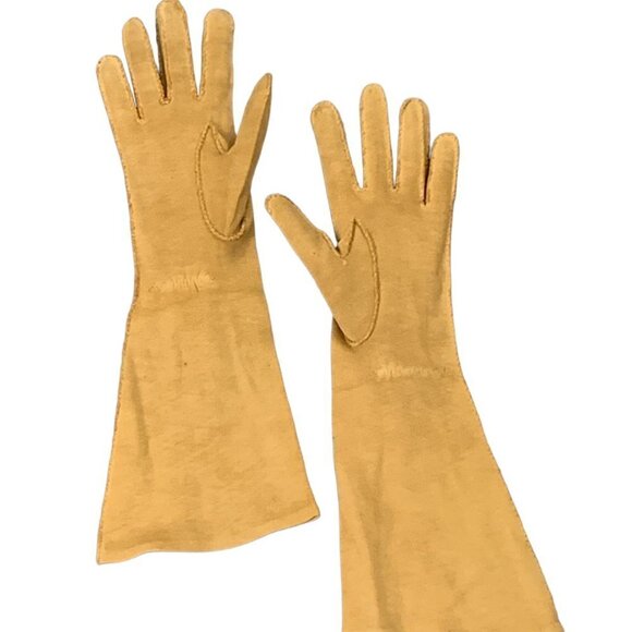 Vintage Mustard Suede Trapunto Stitching 13" Long Gloves Mustard #92L - Picture 3 of 5